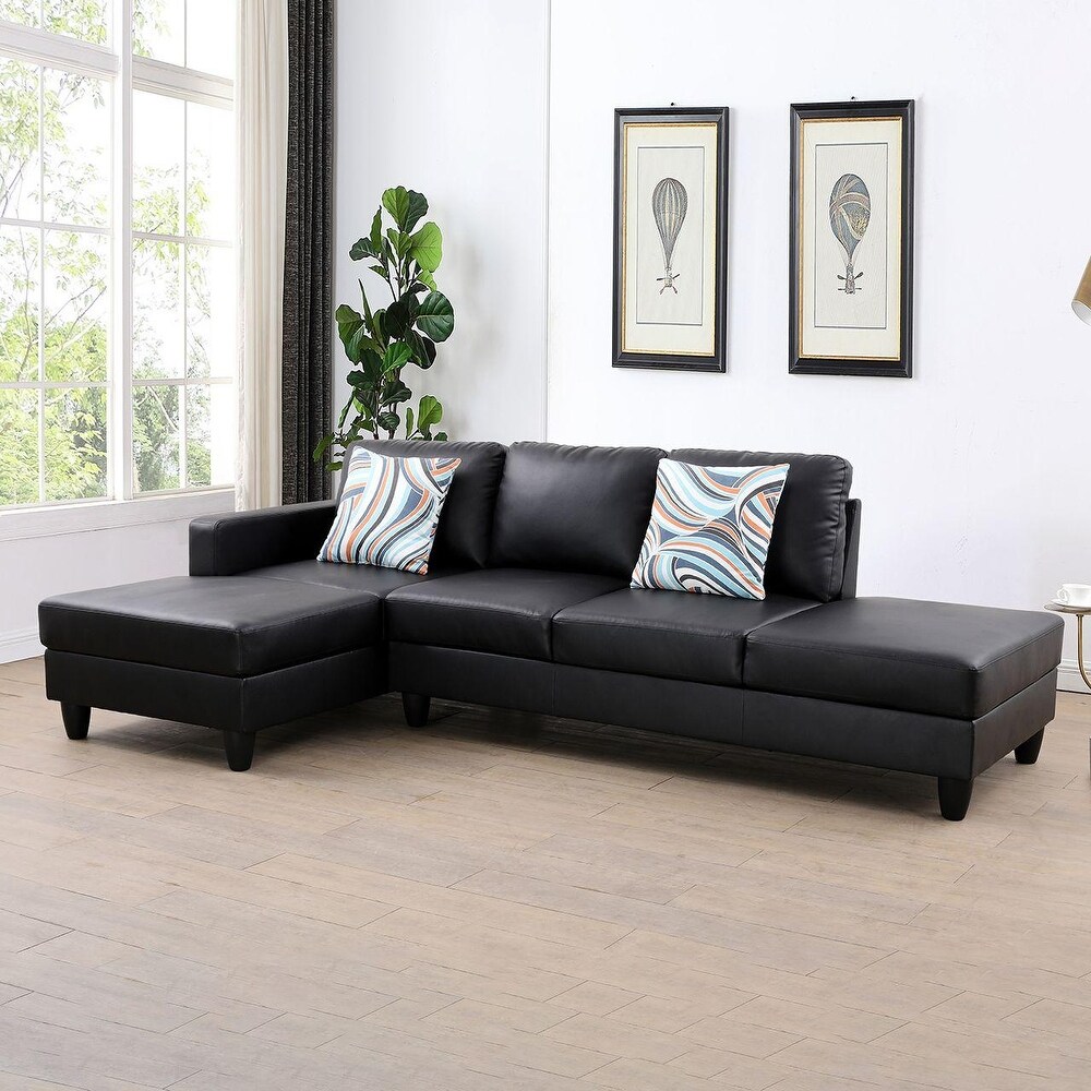 2 Piece Couch Living Room Sofa Set Black Faux Leather Chaise