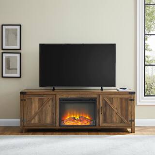 Welwick Designs 70 in. Reclaimed Barnwood Farmhouse Double Barn Door Fireplace TV Stand Fits TVs up to 80 in. HD9176