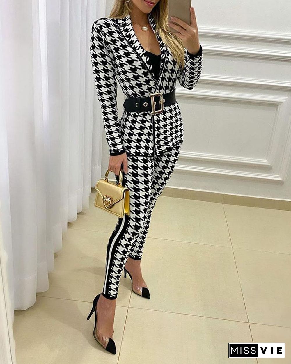 Zipper Design Houndstooth Coat & High Waist Fitted Pants Sets