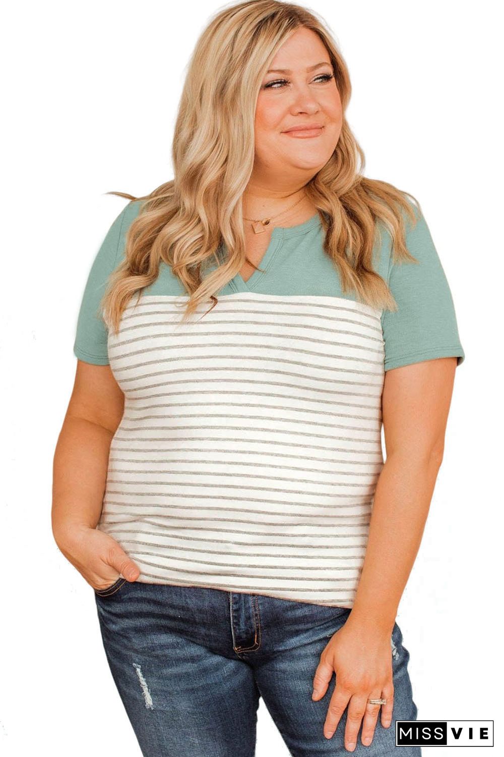 Green Contrast Striped Plus Size Short Sleeve Tee