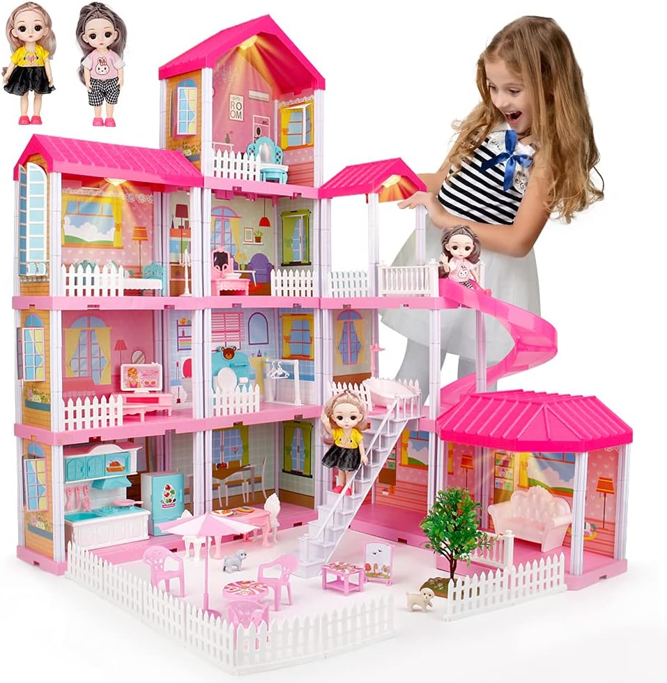 Doll House Kit，Dollhouse with Lights， Slide， Pets and Dolls， DIY Pretend Play Building Playset Toys with Asseccories and Furniture， Princess House for Toddlers， Kids Boy and Girl (11 Rooms)