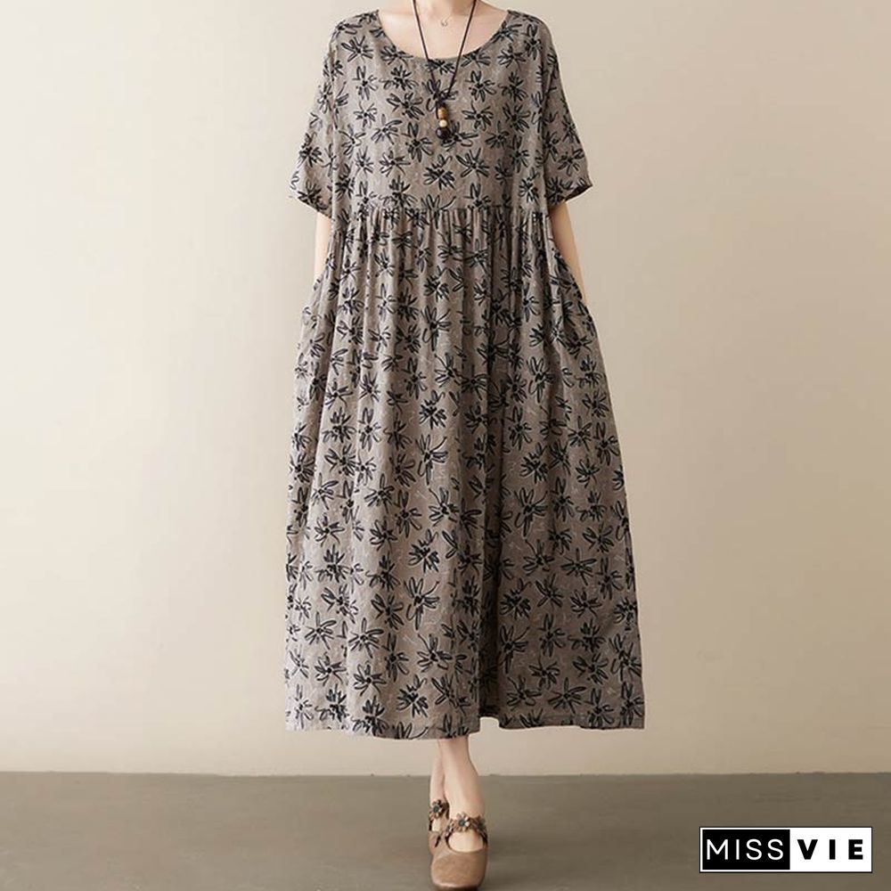 Vintage Floral Print Pocket Loose Linen Dress