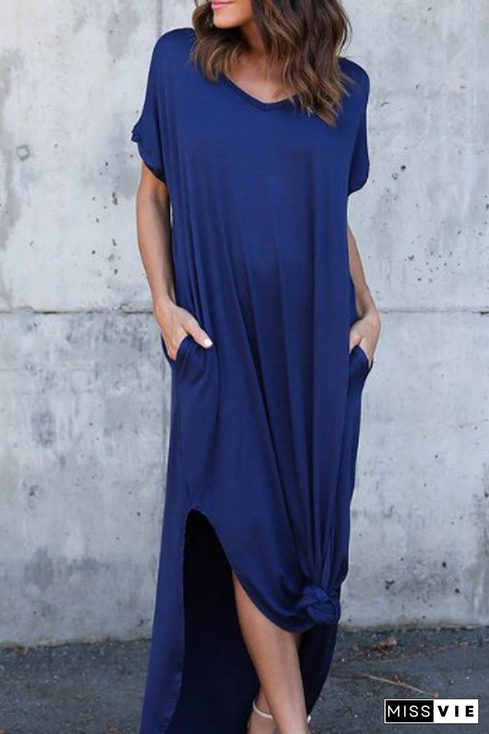 Solid Side Slit Pocket Maxi Dress