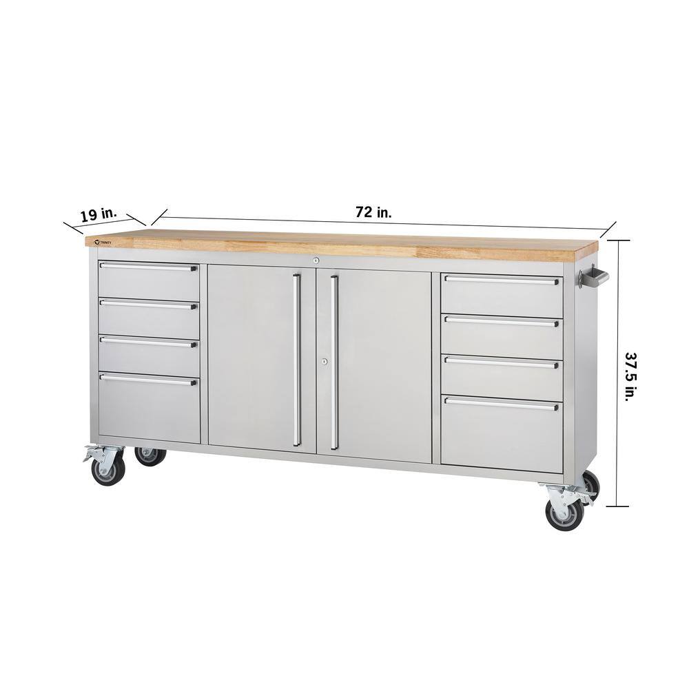 Trinity 6 ft. 8-Drawer Stainless-Steel Corner Rolling Mobile Workbench with Storage TLS-7204