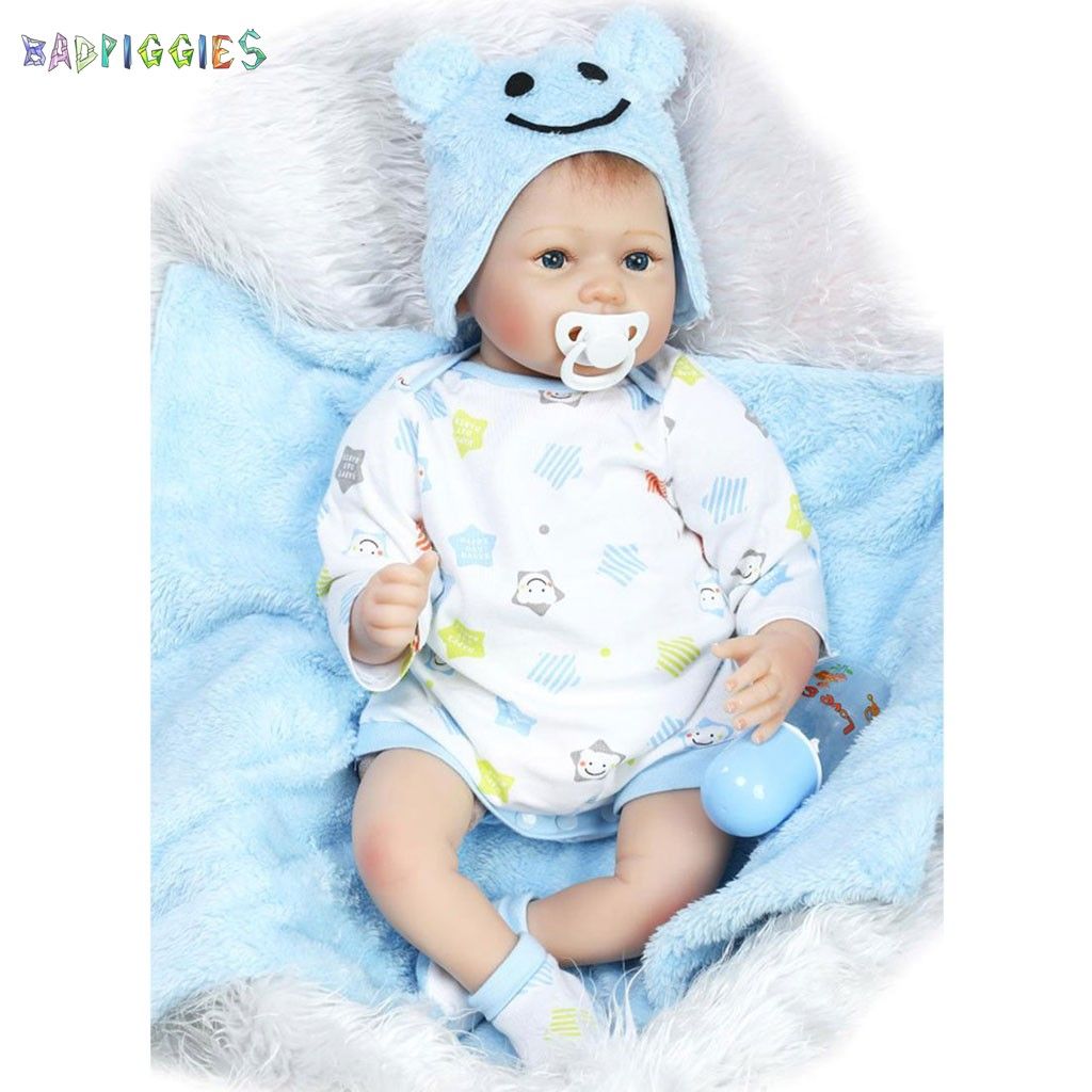 BadPiggies 22 Inch Reborn Baby Doll Handmade Soft Vinyl Silicone Lifelike Alive Baby Toys For Kids Xmas New Year Gift (Blue, Boy)