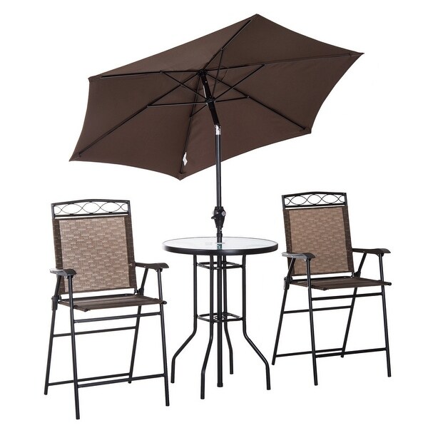 4 Piece Outdoor Patio Dining Furniture Set，2 Folding Chairs，Adjustable Angle Umbrella，Wave Textured Tempered Glass Dinner Table