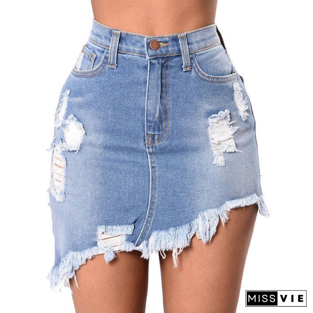 Fashion Women Ladies Ripped Tassel Hem Denim Jeans Short Mini Skirt Dress Plus