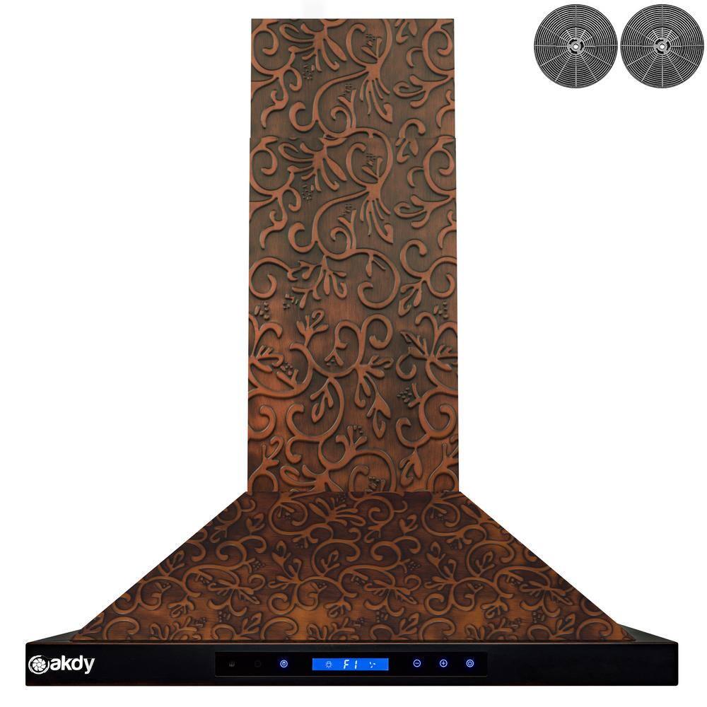 AKDY 30 in 343 CFM Convertible Island Mount Range Hood with LED Lights in Embossed Copper Vine Design with Carbon Filters