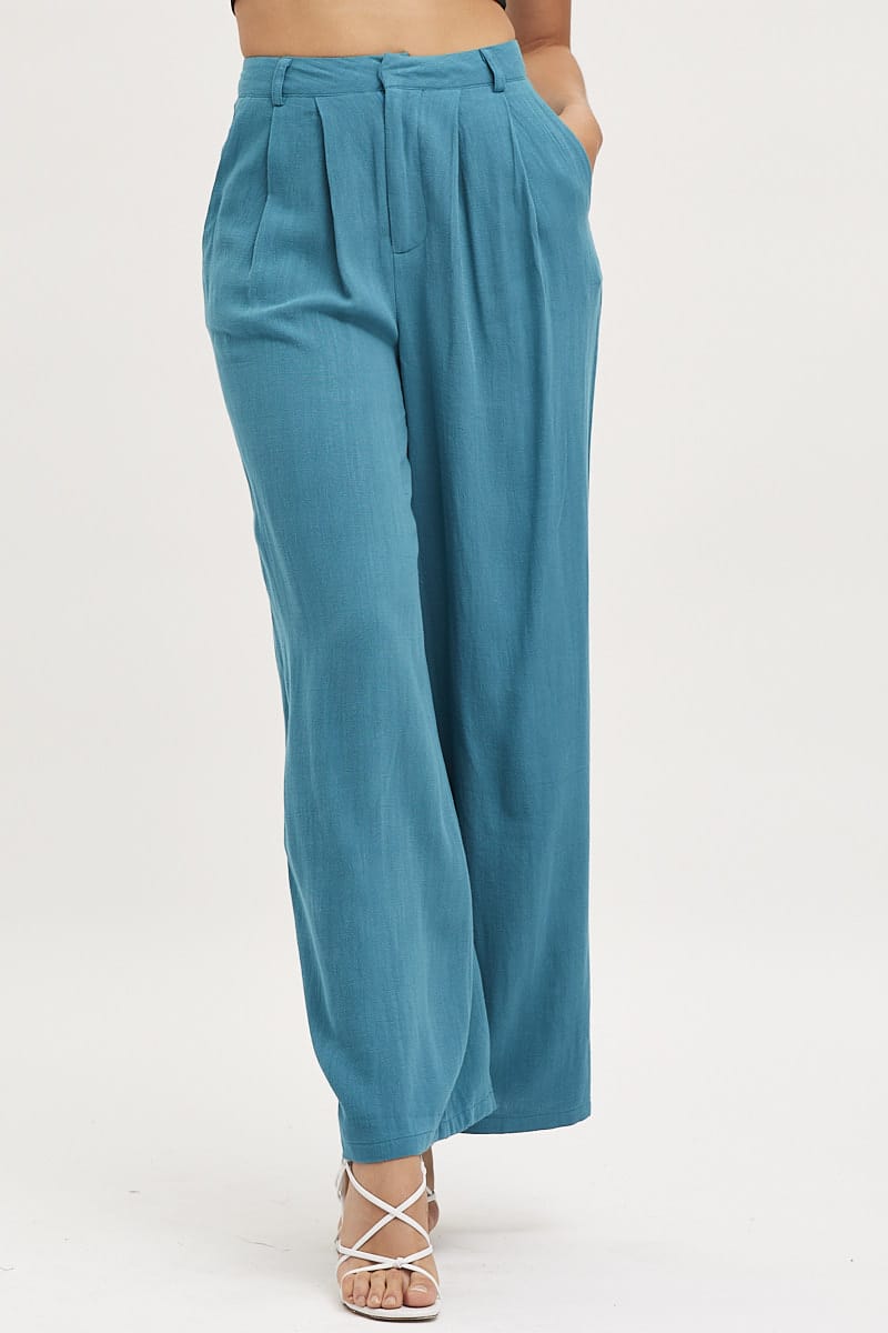 Blue Wide Leg Pants High Rise