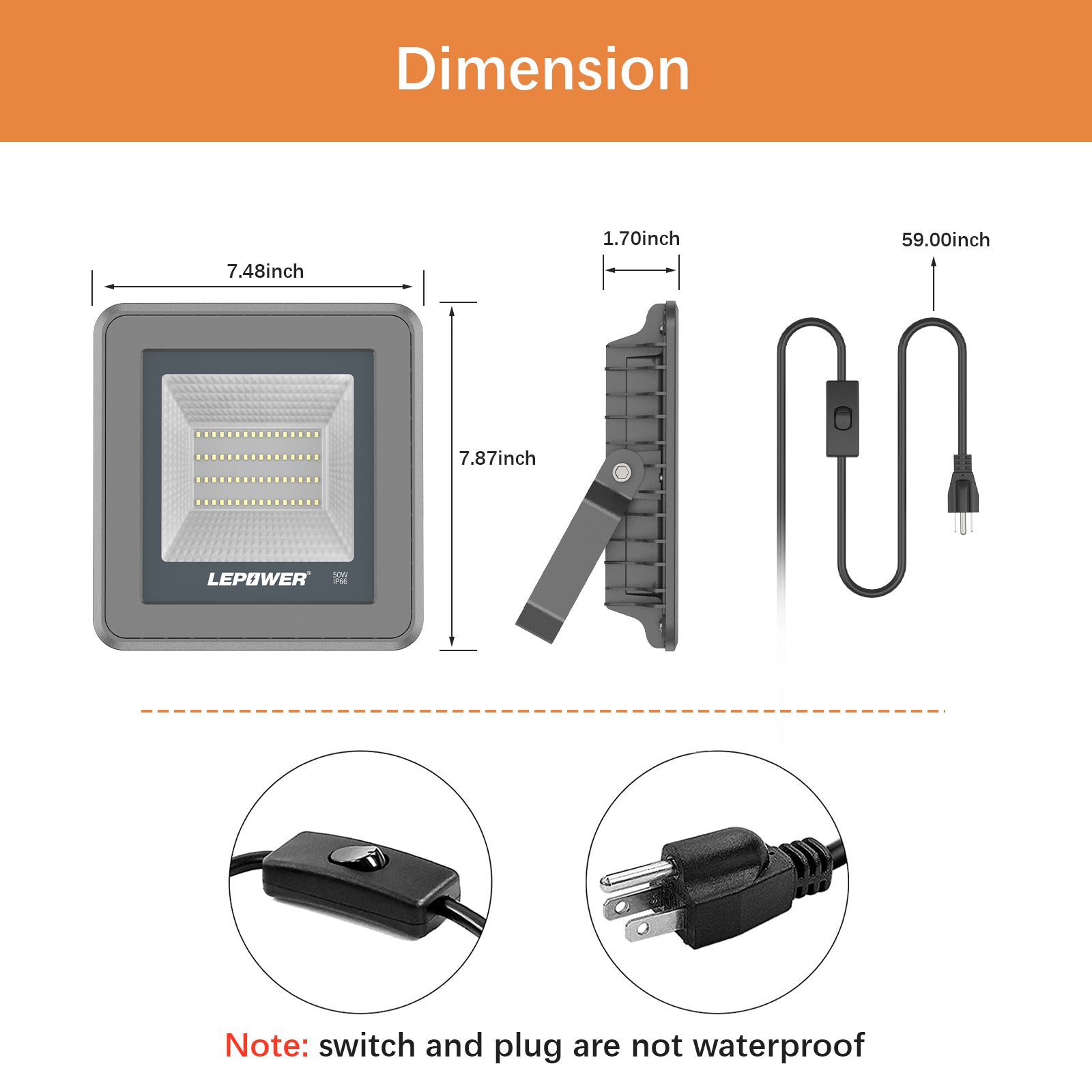 LEPOWER 2 Pack 50W LED Flood Light， 5000lm Work Light with Plug， Equiv 250W Halogen， 6000K White Light， IP66 Waterproof Outdoor Floodlight for Garage， Garden， Lawn， Basketball Court， Playground