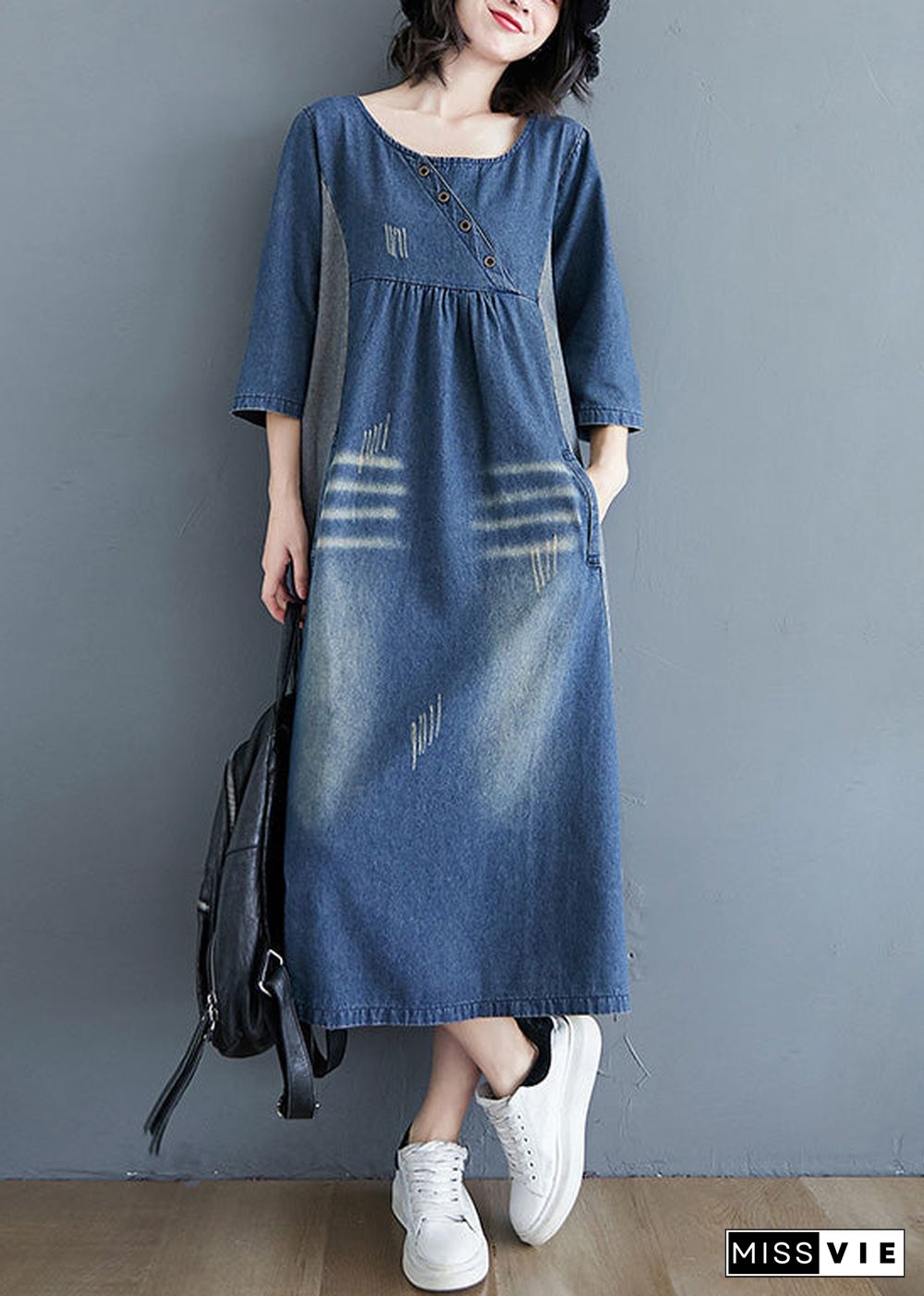 Simple Blue O-Neck Patchwork Wrinkled Denim Long Dress Spring