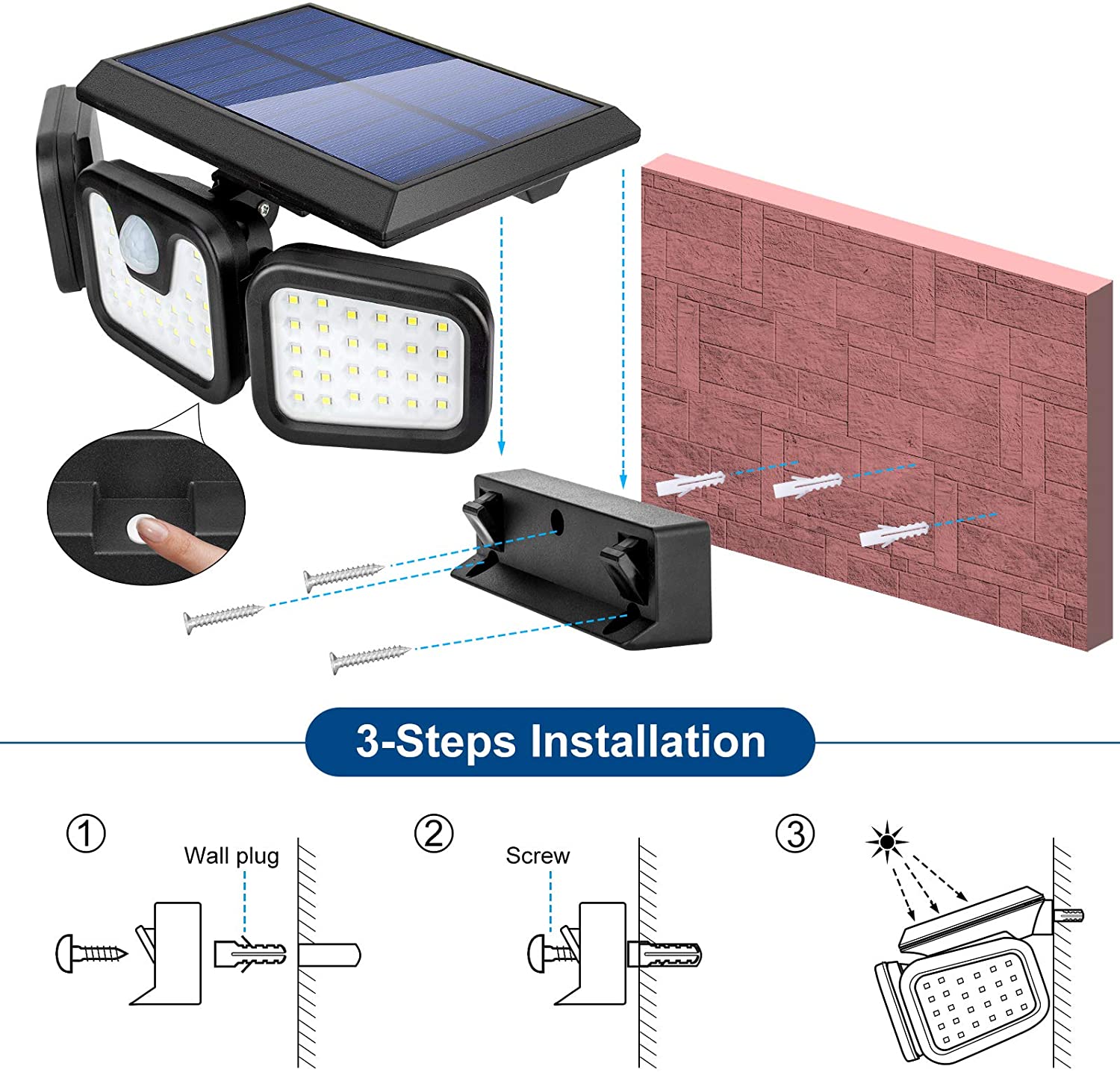 Yi Lighting， Outdoor Solar Security Light， Cordless LED Flood Light， 3 Adjustable Heads， Weatherproof 74 LEDs 800LM