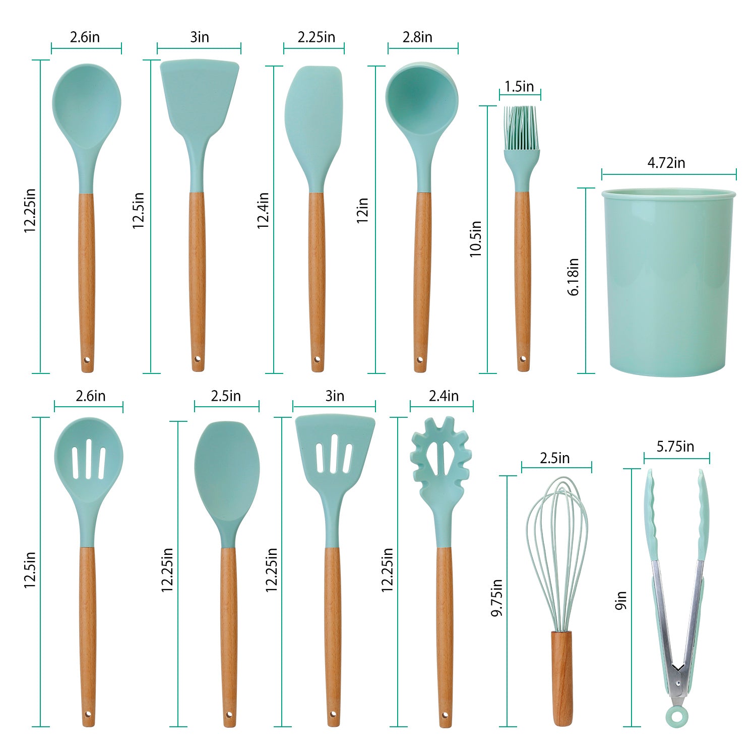 NewHome 11Pcs Silicone Cooking Utensil Set Heat Resist Wooden Handle Silicone Spatula Turner Ladle Spaghetti Server Tongs Spoon Egg Whish Kitchenware Set With Holder LightGreen