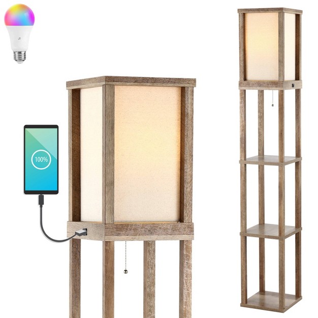 3 shelf Etagere Rustic Wooden Led Floor Lamp With Pull chain Usb Charging Port Smart Bulb Brown includes Led Light Bulb Jonathan Y