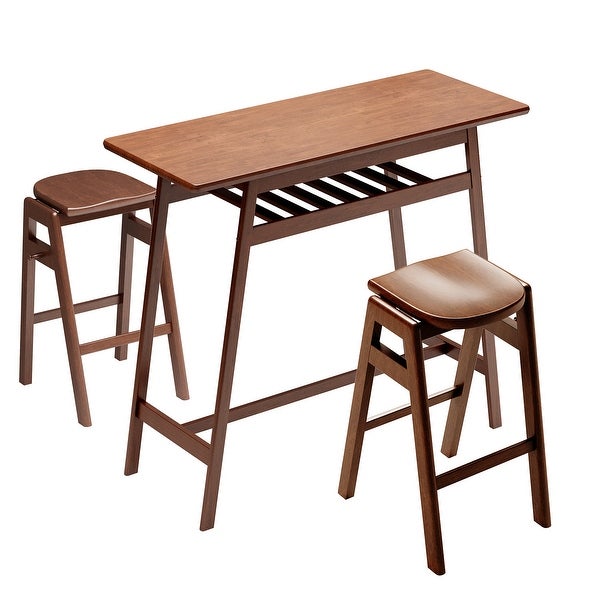 Retro Bar Table Rubber Wood Stackable Backless High Stool for 2 with Shelf and Hooks for Home Bar Space， 3 PCS Pub Dining Set