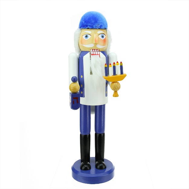 Blue And White Wooden Hanukkah Nutcracker With Menorah And Dreidel