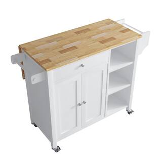 Whatseaso White Wood 39.37 in. W Kitchen Island with Double Doors Lockable-Wheels and Towel Rack FEB23081002KI