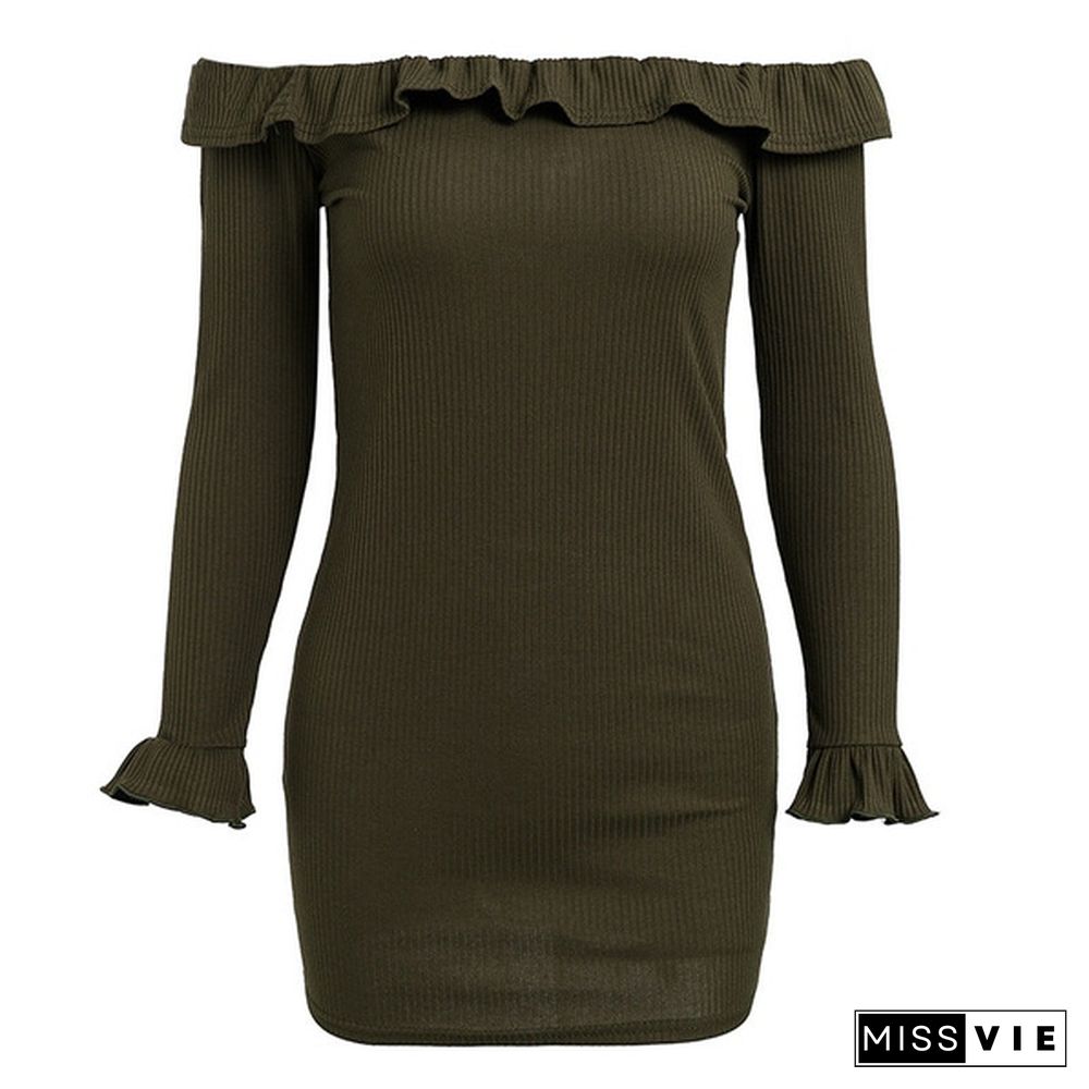 Women's Fashion Off Shoulder Ruffle Dress Long Sleeve Bodycon Dress Mini Dress