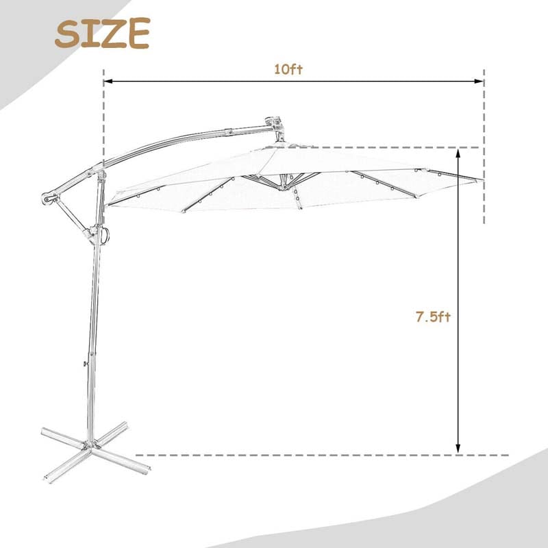 10 FT Patio Offset Umbrella with Solar Lights 360° Rotation Outdoor Market Umbrella with Crank Handle & Cross Base