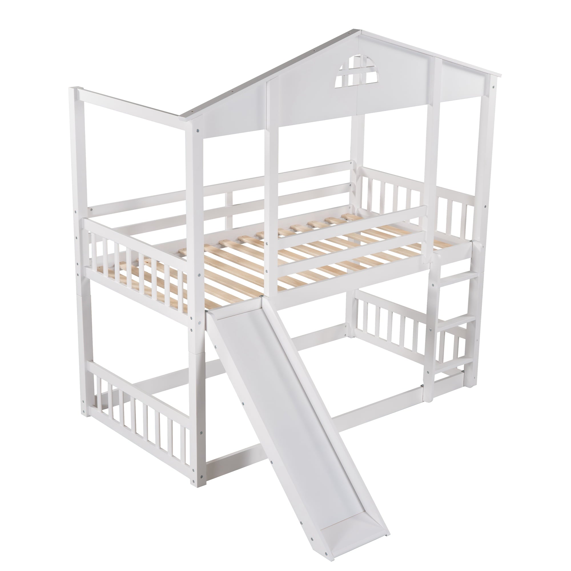 Twin House Bunk Bed with Convertible Slide and Ladder for Kids Room, White