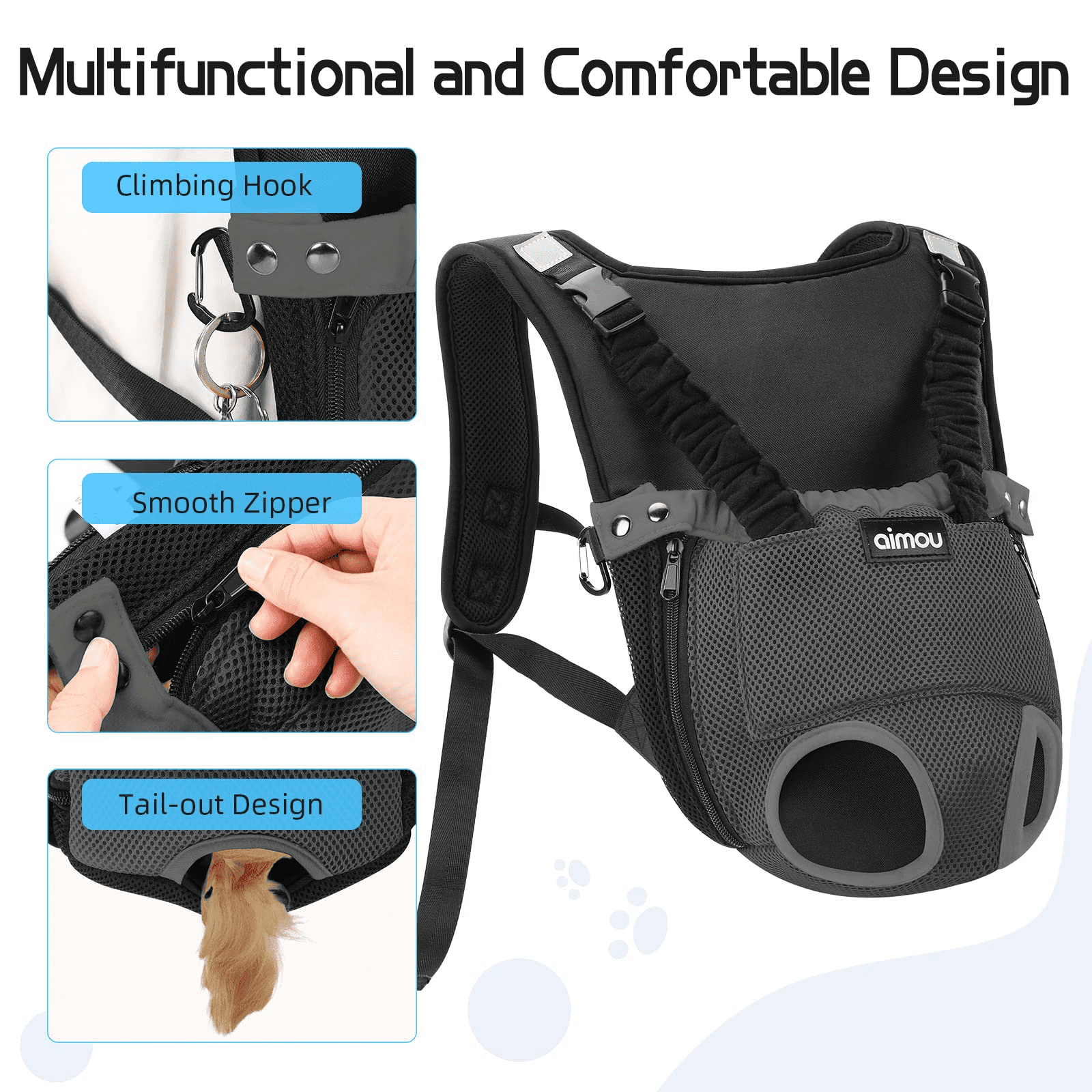 Aimou Pet Front Carrier Backpack Hands-Free Legs Out Adjustable Mesh Waterproof Carrier Bag Traveling Hiking Camping for Small Medium Dogs Cats Puppies， Gray S