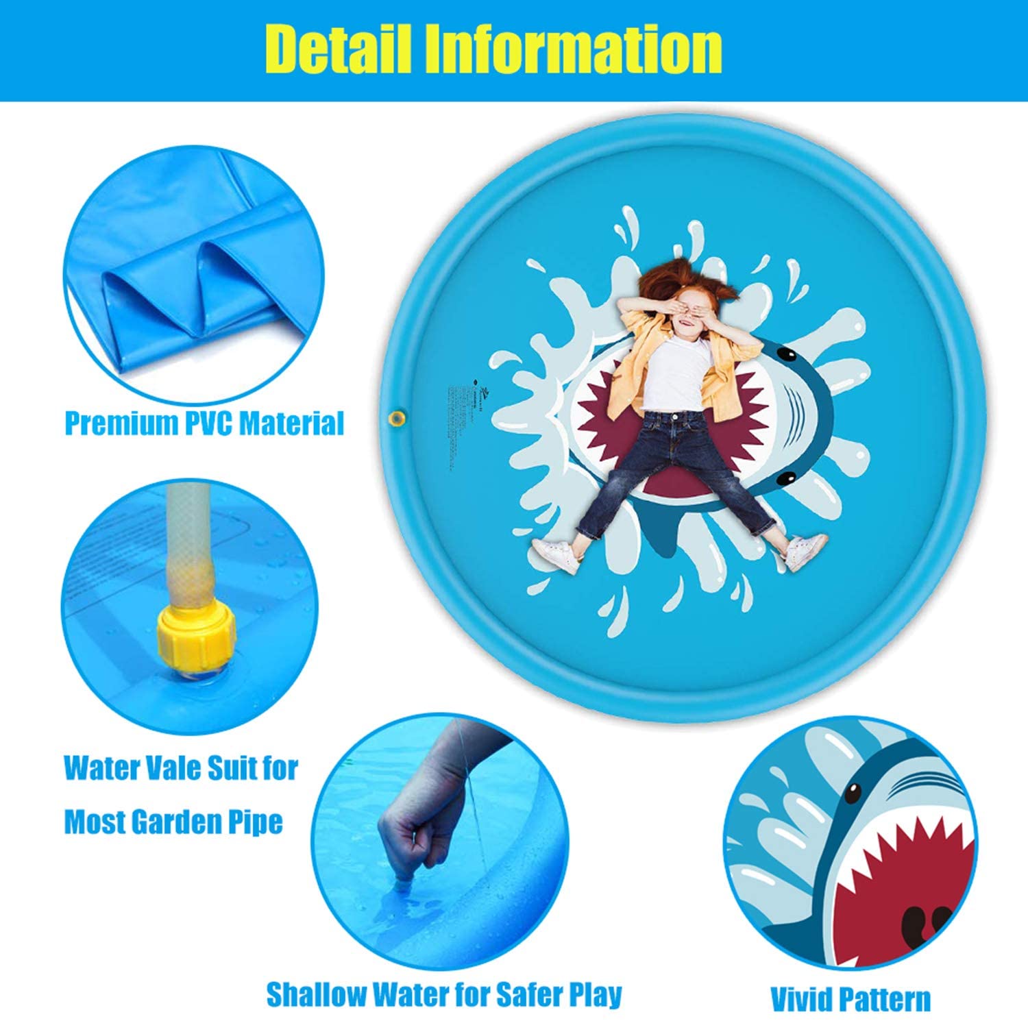 Splash Pad 67'' Shark Sprinkler Play Mat Perfect Inflatable Water Park Pool Toys Backyard Outdoor Summer Fun for Kids Children Boys Girls