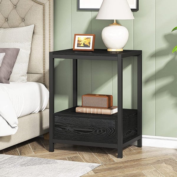 Industrial End Table with Drawer and Storage Shelves， Side Table and Nightstands