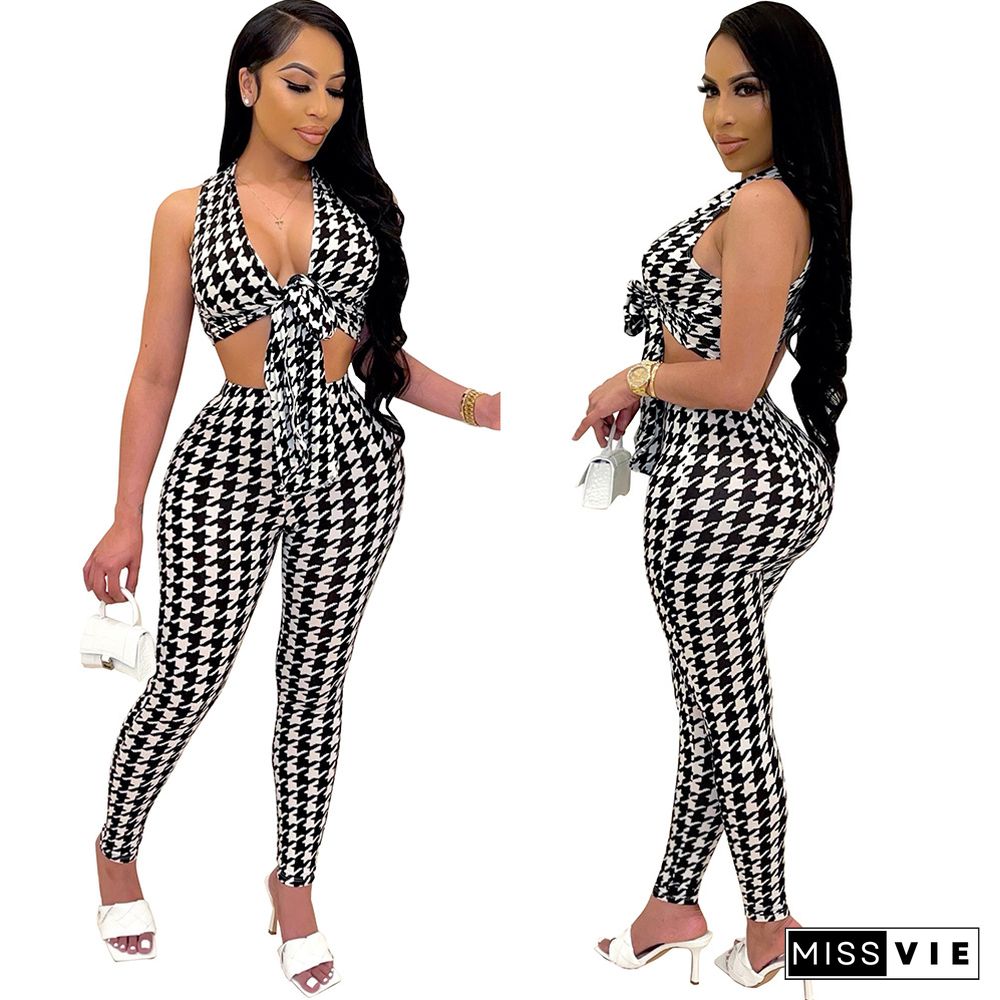 Sexy Plaid V Neck Bandage Sleeveless Crop Top Skinny Long Pants Women Clothes Trendy Summer 2 Piece Set