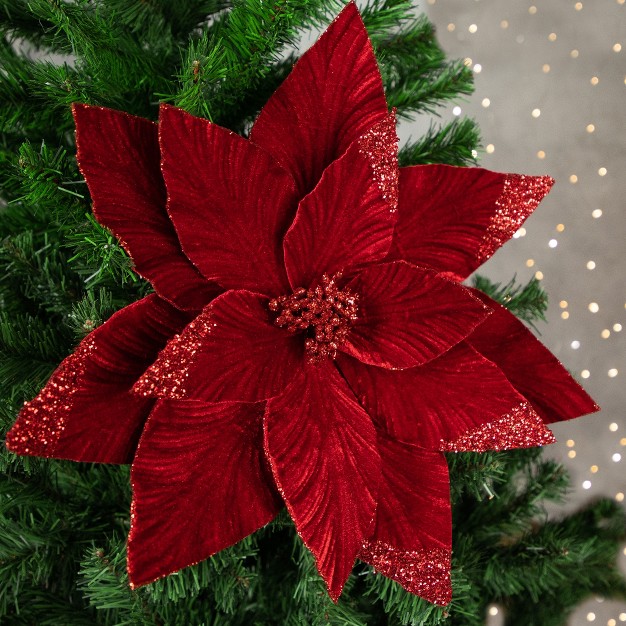 Red Glittered Poinsettia Christmas Stem Spray