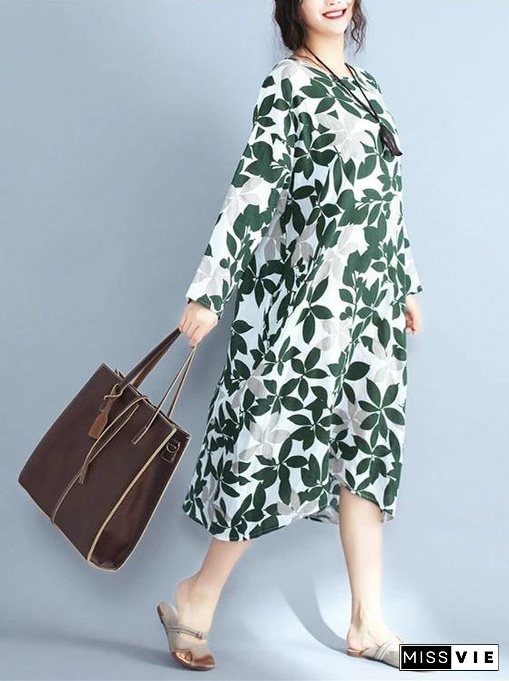 Italian green print cotton clothes For Women o neck long sleeve Maxi Dress