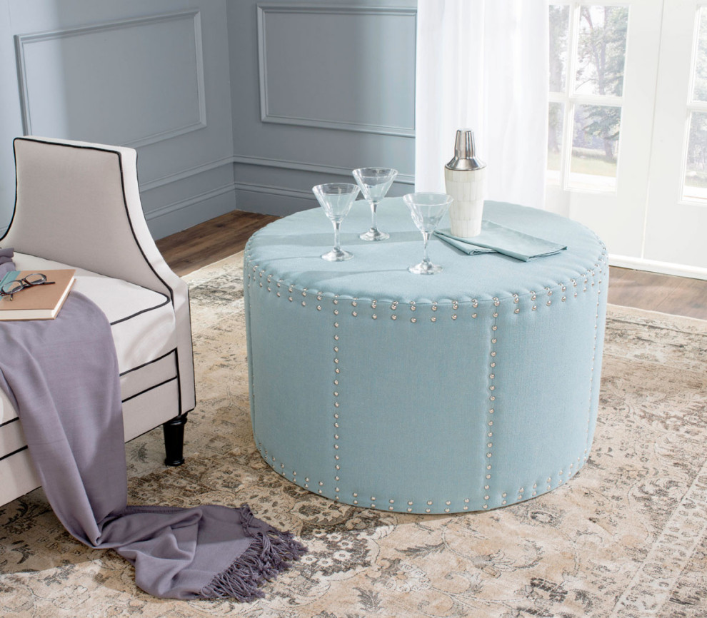 Foster Ottoman Brass Nail Heads Sky Blue   Transitional   Footstools And Ottomans   by Peachtree Fine Furniture  Houzz