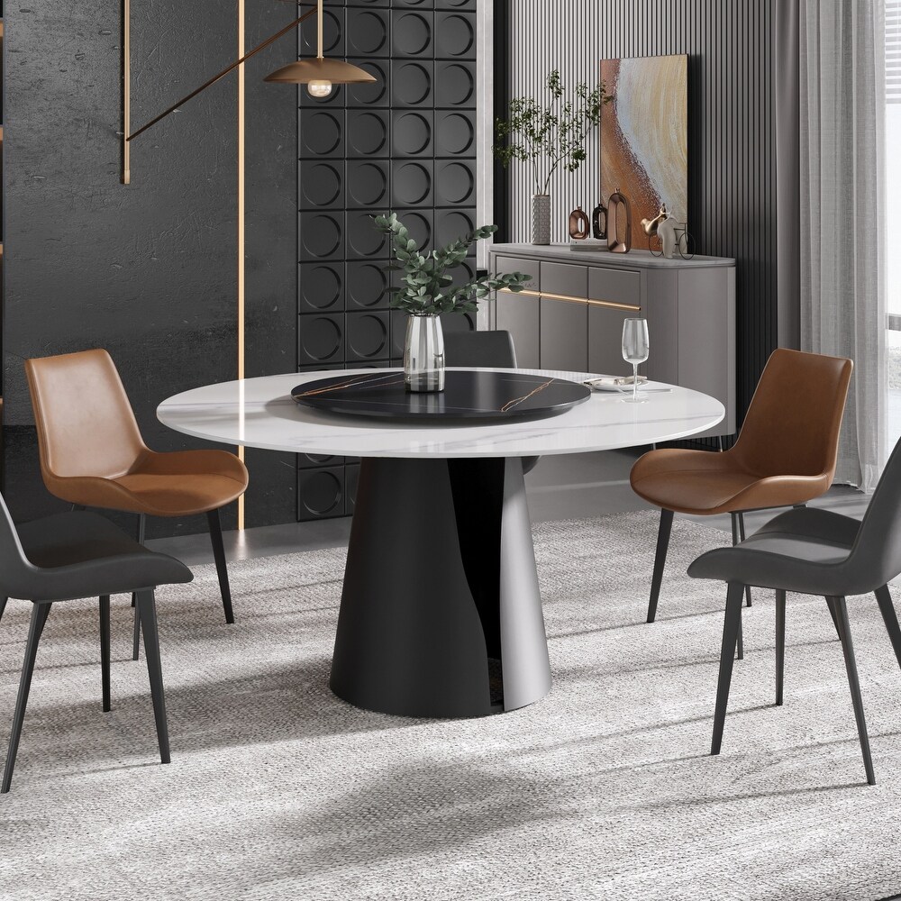 Modern Round Slate Kitchen Dining Table  Black Pedesta and Turntable    59.05 inch   N/A