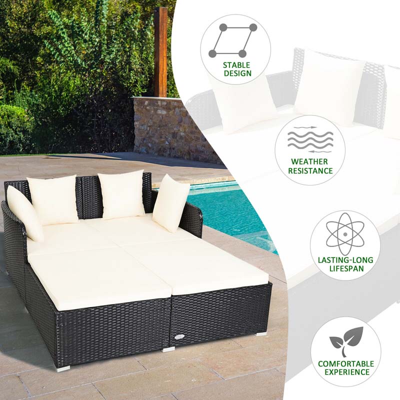 Rattan Wicker Outdoor Daybed Patio Furniture Cushioned Sofa Set with Thick Pillows