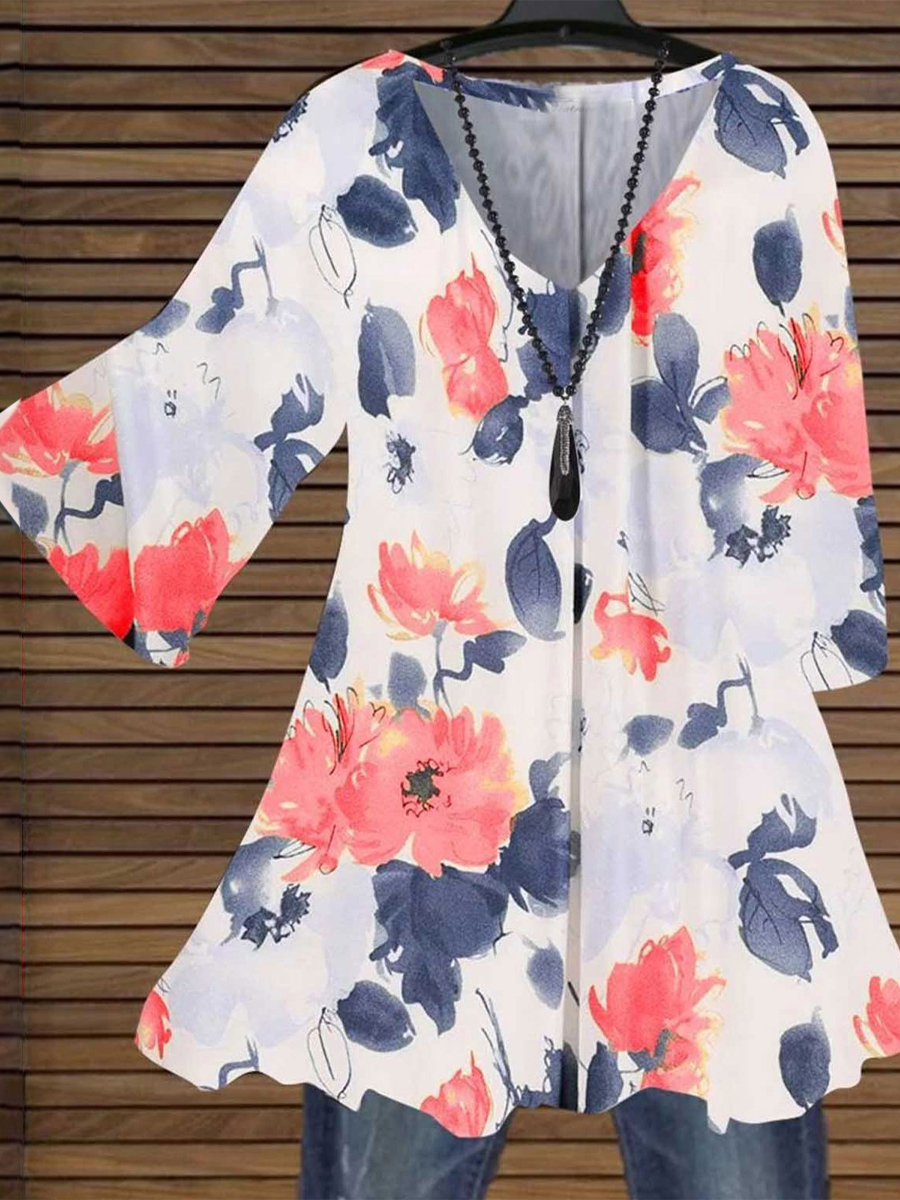 Casual Floral Print V-Neck Half-Sleeve Blouse