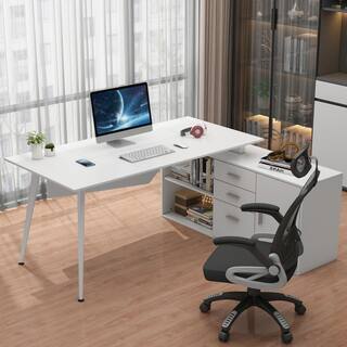 FUFUGAGA 63 in. W-28.7 in. H White Computer Desk with 3-Drawers 1-Storage Cabinet and 2-Adjustable Shelves DRF-KF210153-12