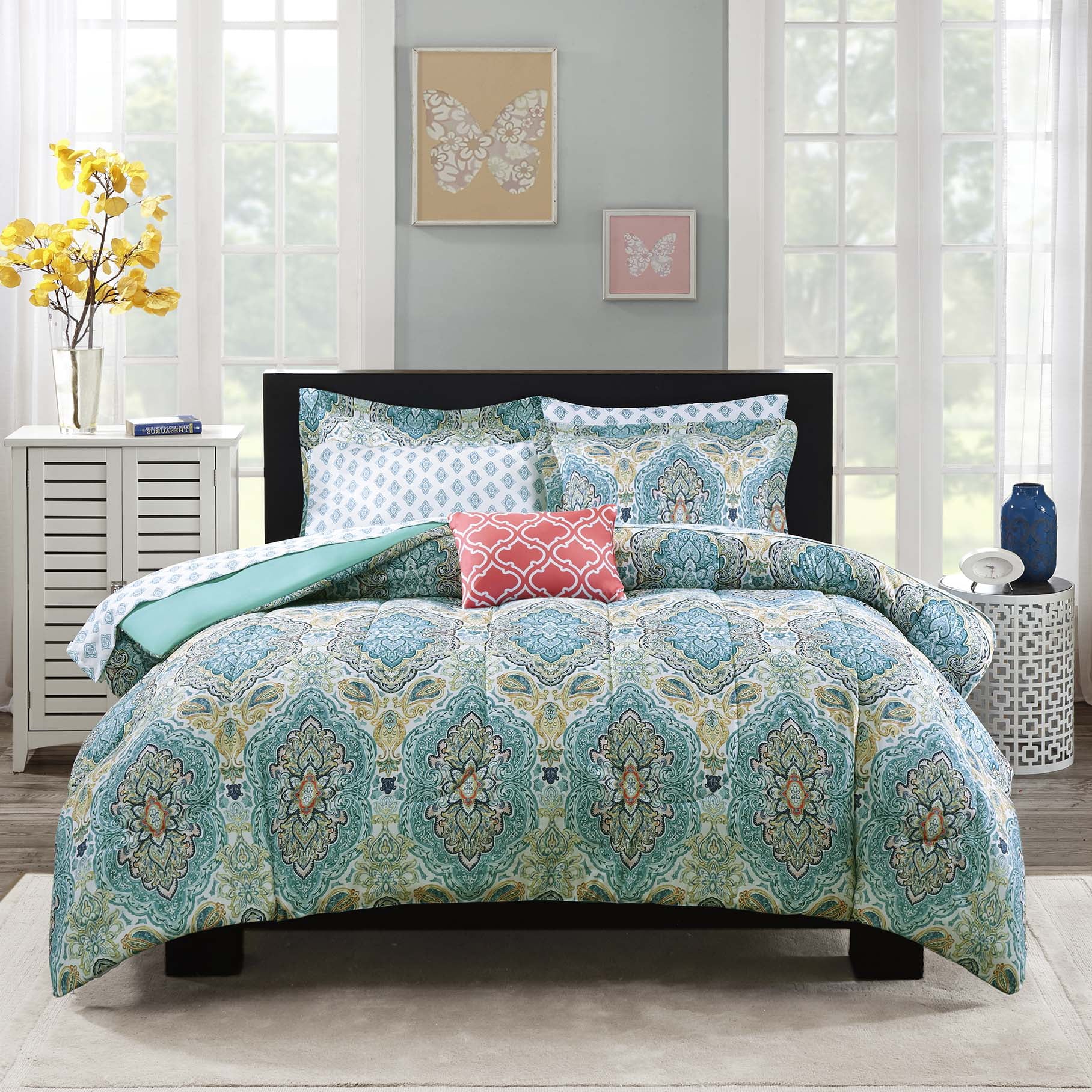 Mainstays Teal Paisley 6 Piece Bed in a Bag Comforter Set With Sheets， Tw/TXL