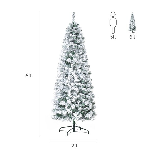 HOMCOM 6FT/7FT/9FT Slim Flocked Christmas Tree with Lights，Skinny Christmas Tree with Stand