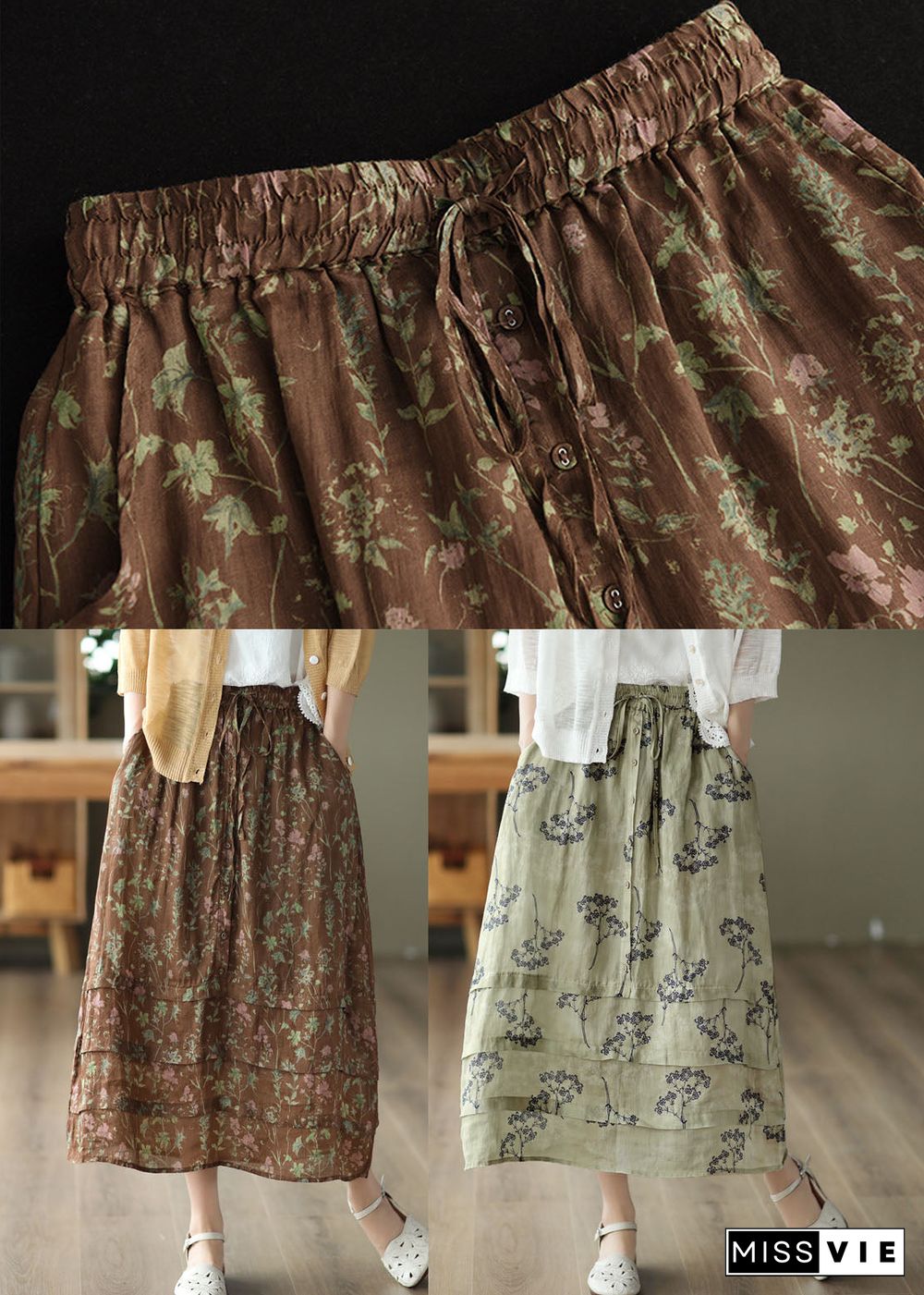 Plus Size Light Green High Waist Patchwork Print Linen Skirt Summer