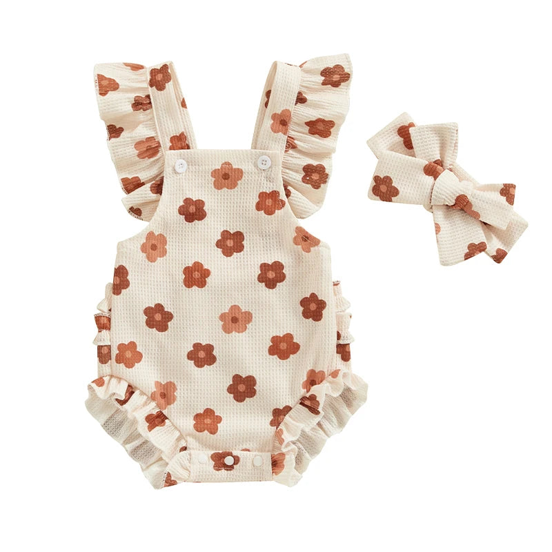 Baby Girls Romper and Headband Strawberry/Flower/Cherry Print Fly Sleeve Frills Newborn Infant Jumpsuit Summer Clothing