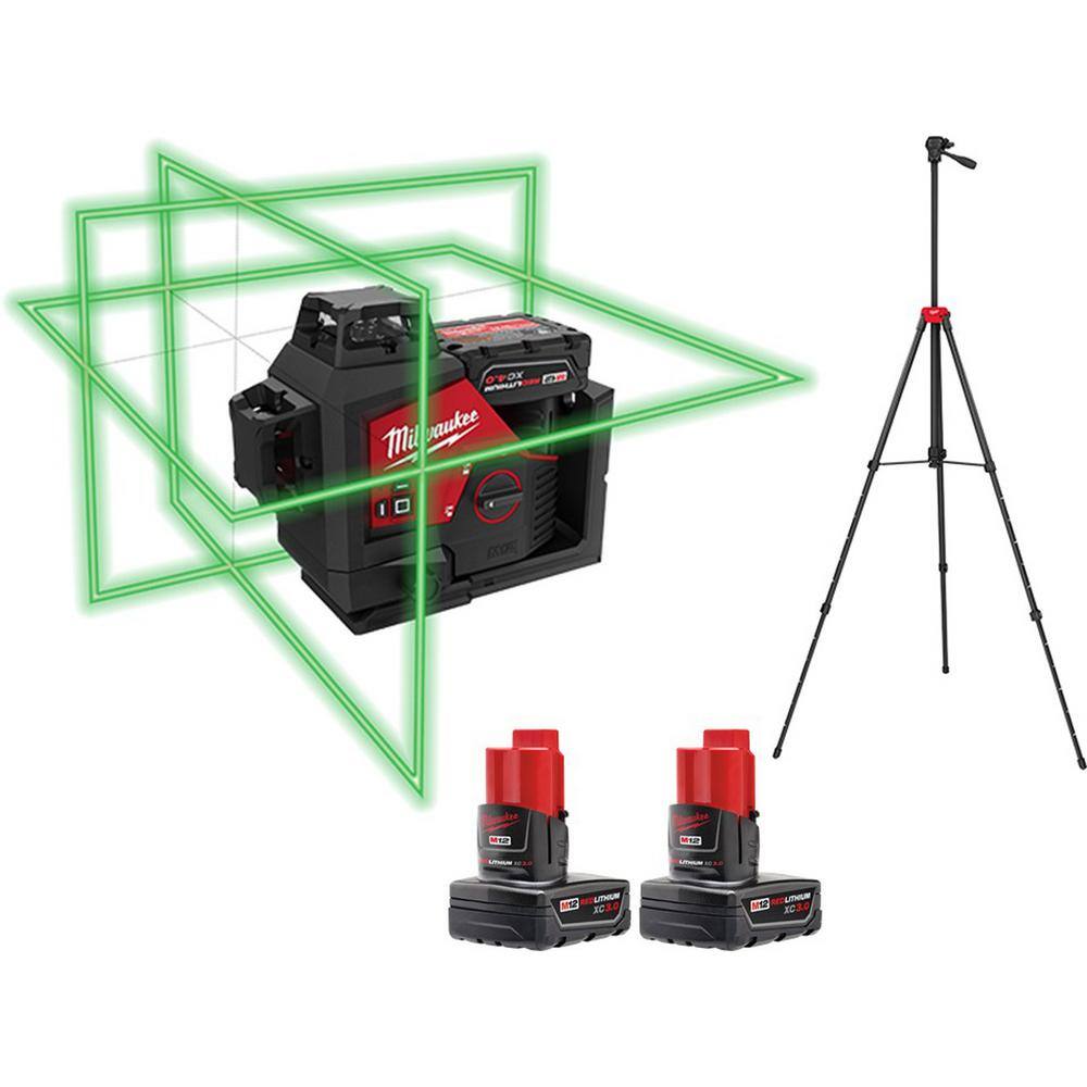 MW M12 12-Volt Lithium-Ion Cordless Green 250 ft. 3-Plane Laser Level Kit with 3 Batteries Charger Case and Tripod 3632-21-48-11-2412-48-35-1411