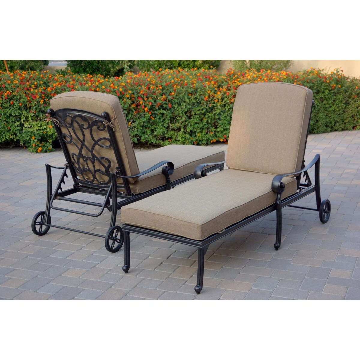 Darlee Santa Monica 3 Piece Cast Aluminum Chaise Lounge Set W/ 24 Inch Round End Table and Sesame Cushions