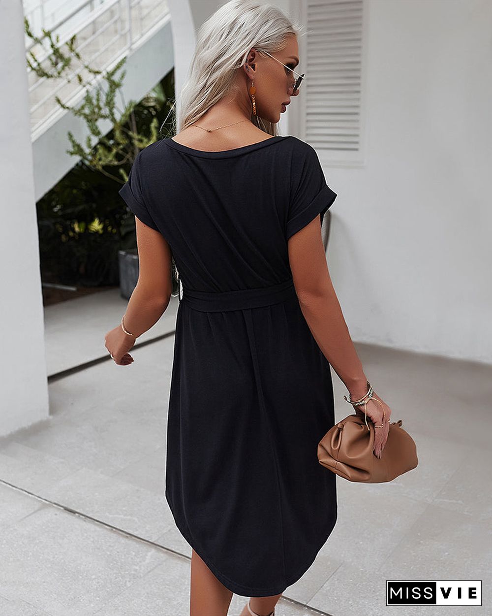 Round Neck Short Sleeve Waist Tie Midi Dress