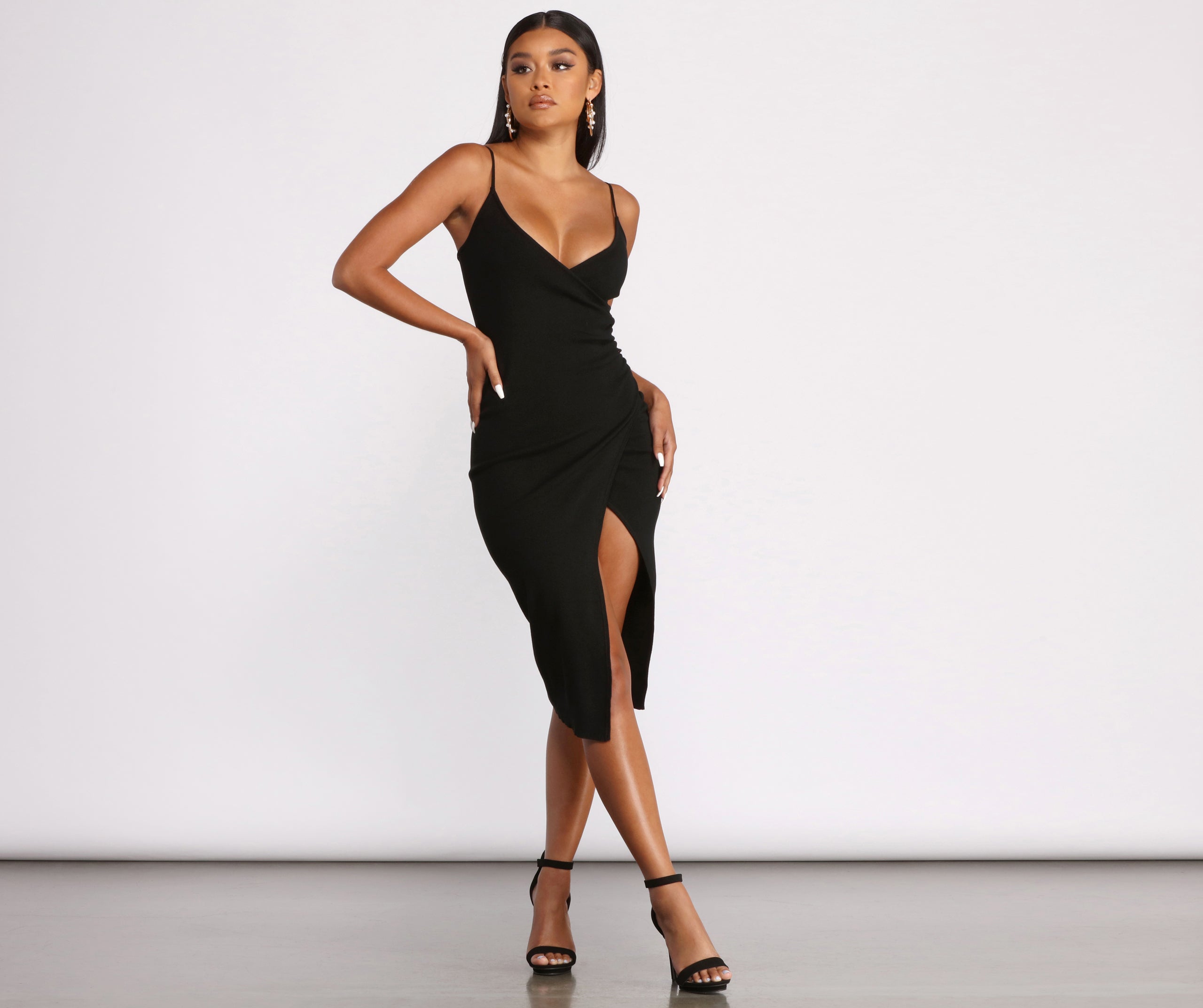 Sleeveless V Neck Asymmetrical Wrap Ribbed Midi Dress