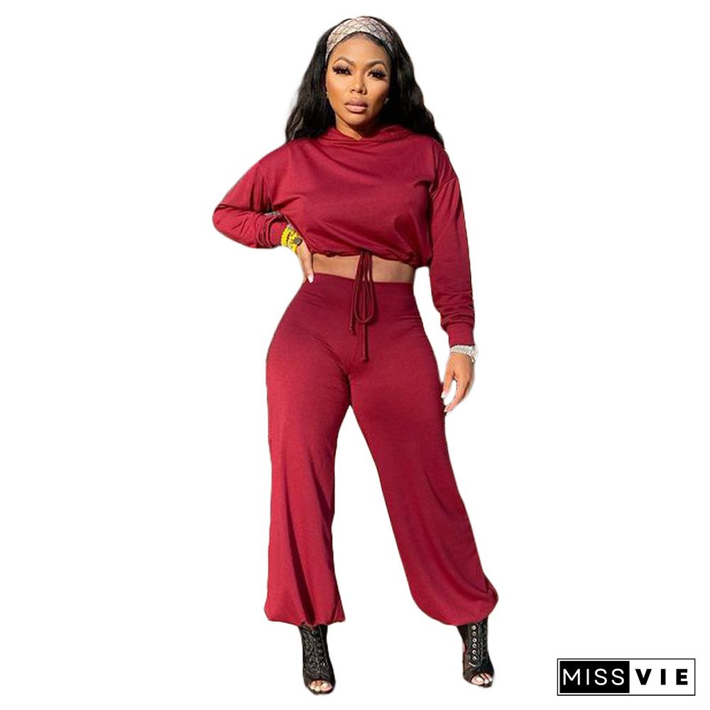 Hooded Crop Top Wide Leg Pants Matching Sets