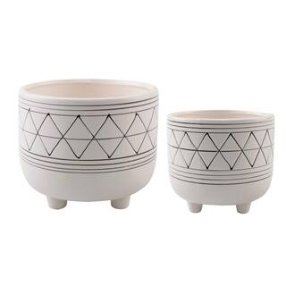 Flora Bunda 6 in. and 5 in. WhiteBlack Ceramic Line Geometric with Legs Mid-Century Planter (Set of 2) CT246E2-BLK