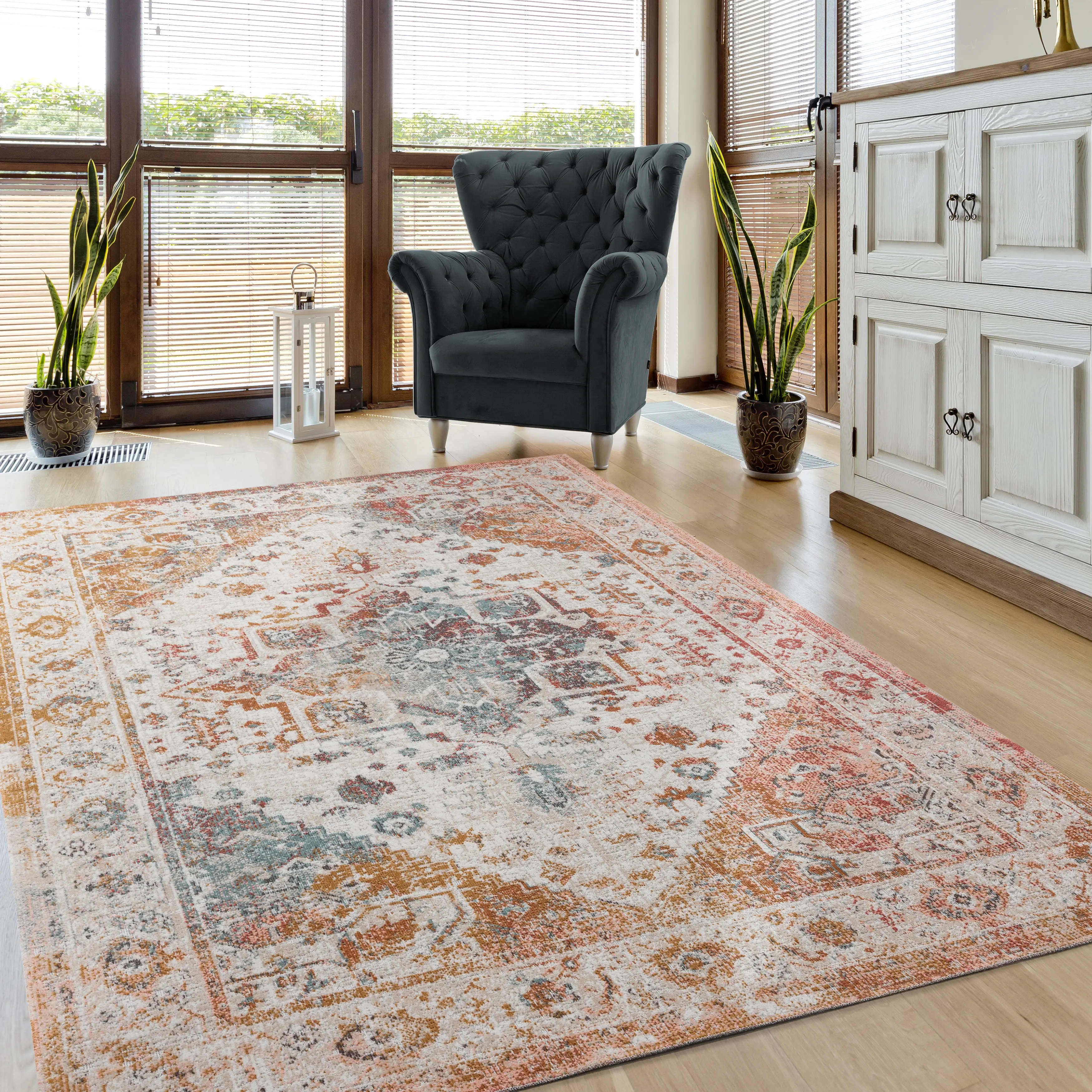 5x8 Medium Persian Beige and Rust Indoor-Outdoor Rug