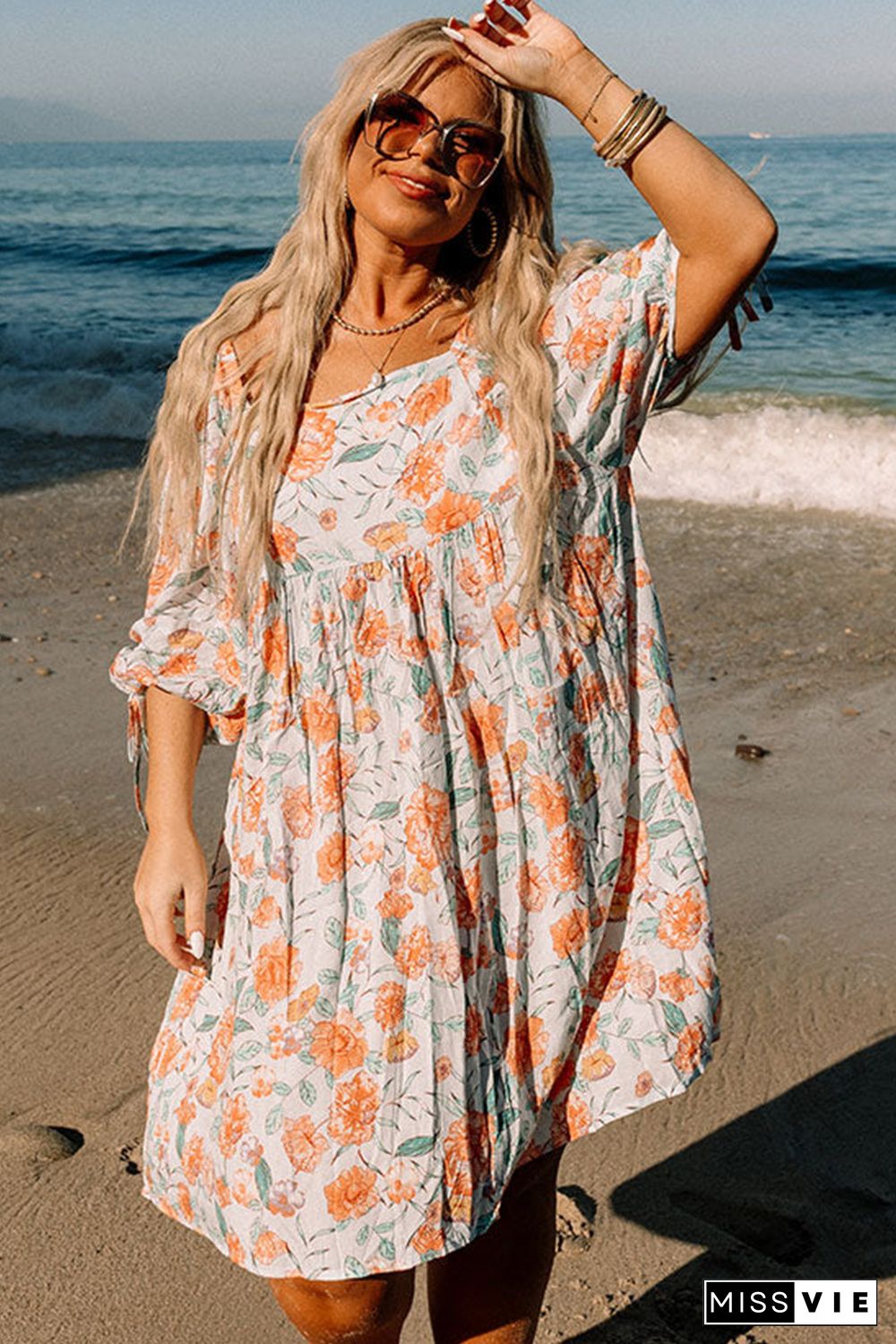 Orange Plus Size Square Neck Tie Sleeve Floral Dress