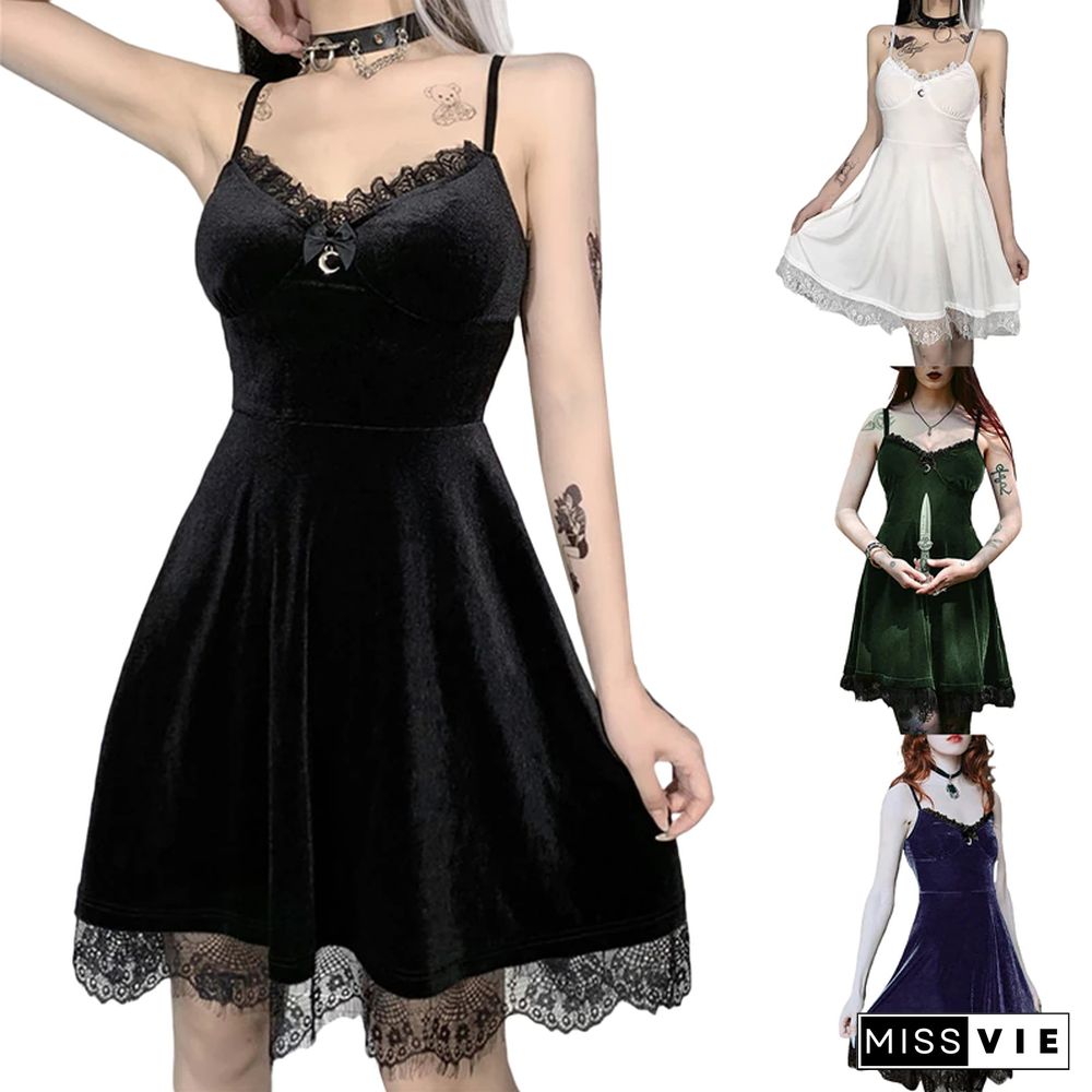 Y2k Goth Dark Academia Dress Women Solid Color V-neck Suspender A-line Lace Trim Party Dress Anime Aesthetic Clothes