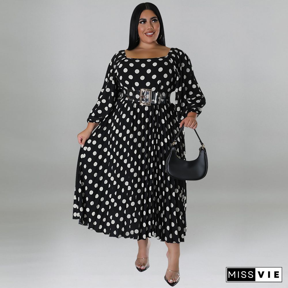 Long Sleeve One-Line Collar Pleated Print Polka Dot Dress (With Belt)