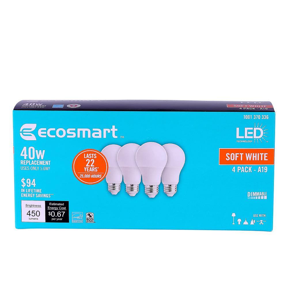 EcoSmart 40-Watt Equivalent A19 Dimmable LED Light Bulb Soft White (4-Pack) C5A19A40WESD07